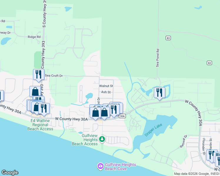map of restaurants, bars, coffee shops, grocery stores, and more near 106 Walnut Street in Santa Rosa Beach