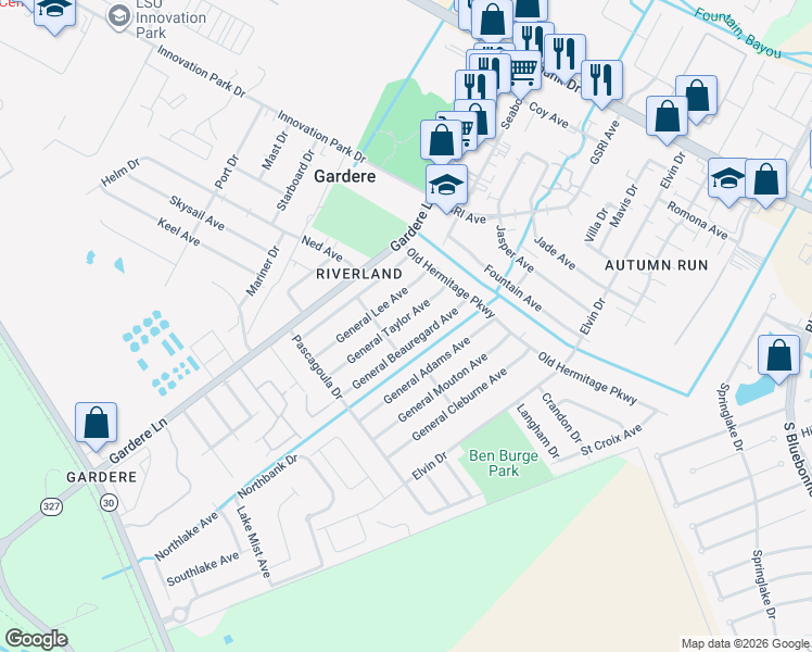 map of restaurants, bars, coffee shops, grocery stores, and more near 2011 General Taylor Avenue in Baton Rouge
