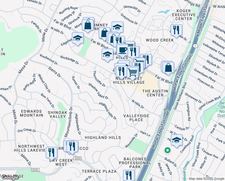 map of restaurants, bars, coffee shops, grocery stores, and more near 6800 Thorncliffe Drive in Austin