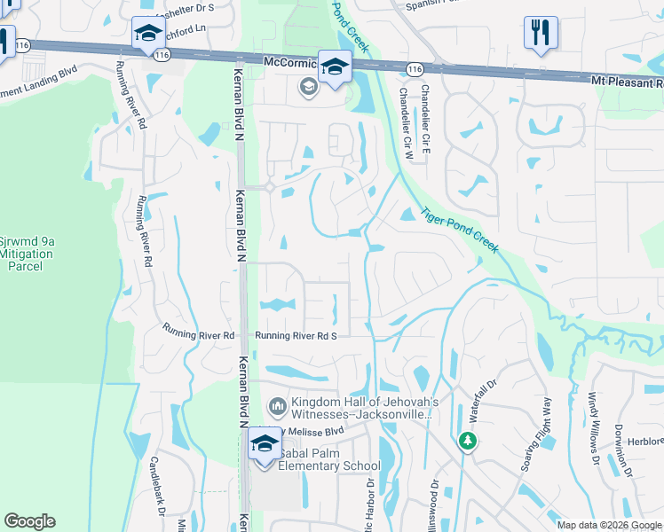 map of restaurants, bars, coffee shops, grocery stores, and more near 12422 Berry Patch Way in Jacksonville