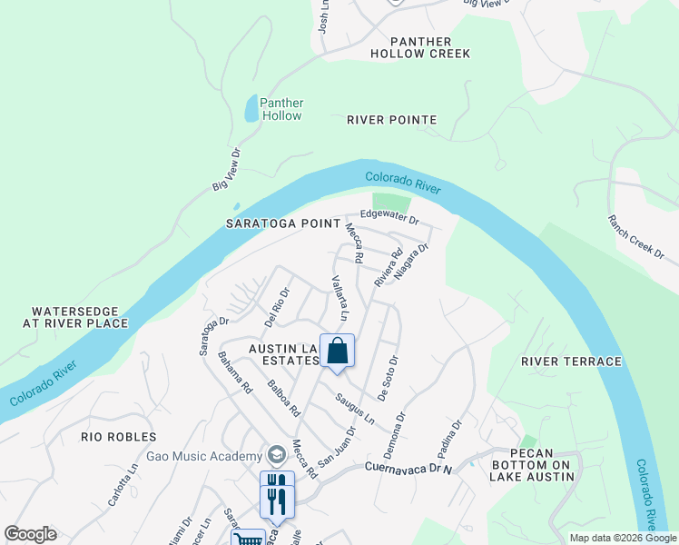 map of restaurants, bars, coffee shops, grocery stores, and more near 2907 Vallarta Lane in Austin