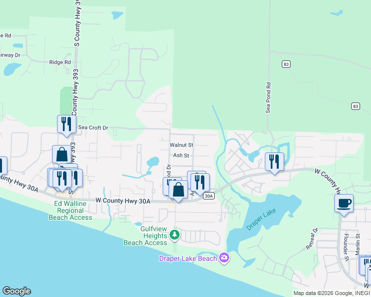 map of restaurants, bars, coffee shops, grocery stores, and more near 106 Walnut Street in Santa Rosa Beach