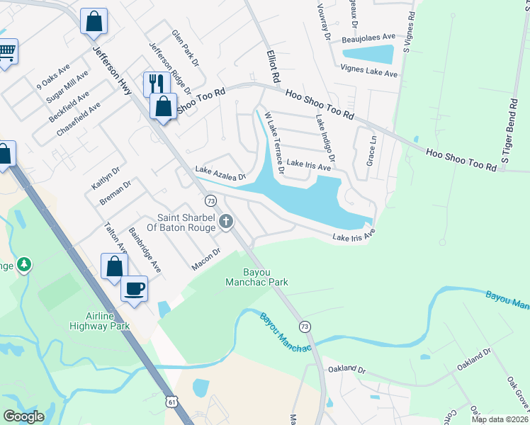 map of restaurants, bars, coffee shops, grocery stores, and more near 17627 Lake Iris Avenue in Baton Rouge
