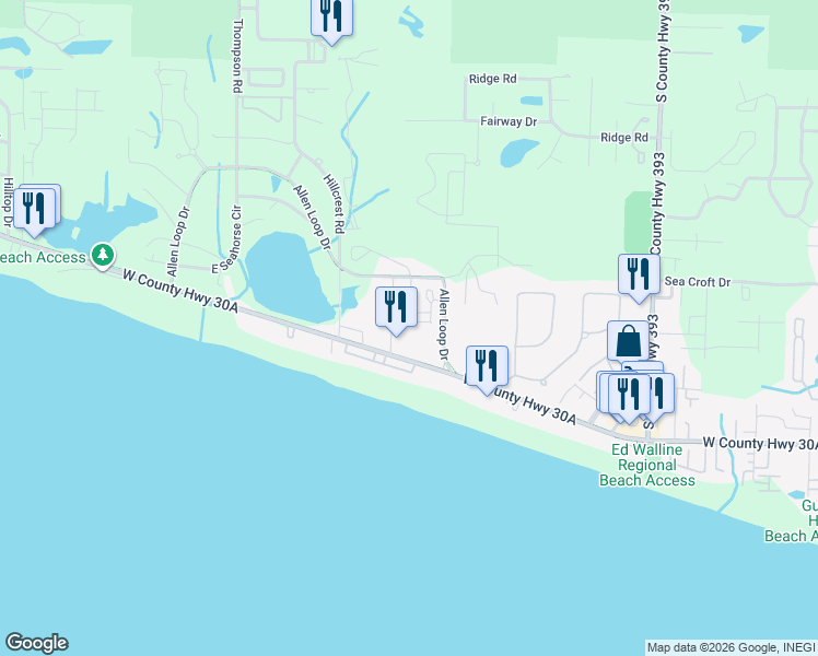 map of restaurants, bars, coffee shops, grocery stores, and more near 94 Pointe Circle in Santa Rosa Beach