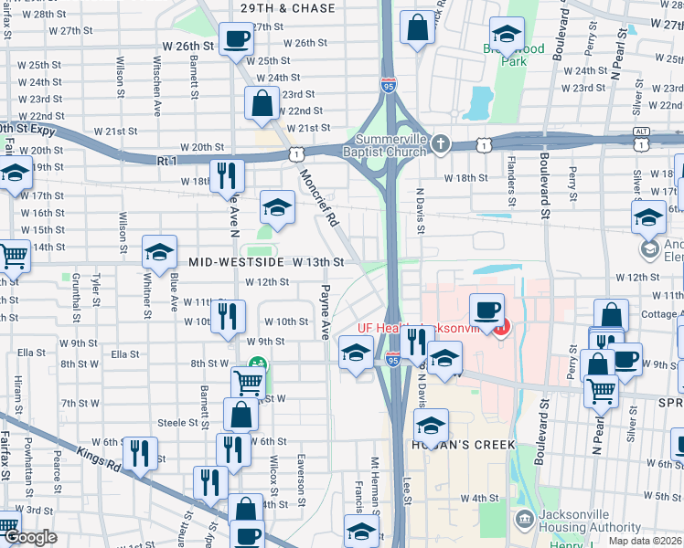 map of restaurants, bars, coffee shops, grocery stores, and more near 1055 West 12th Street in Jacksonville