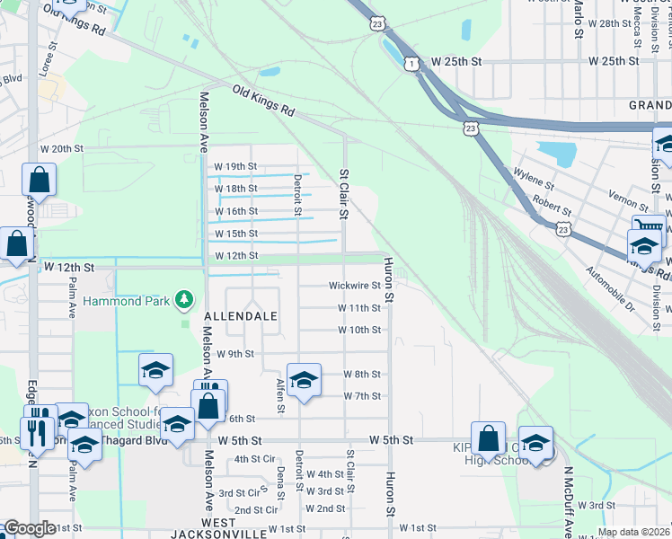 map of restaurants, bars, coffee shops, grocery stores, and more near 2920 West 12th Street in Jacksonville