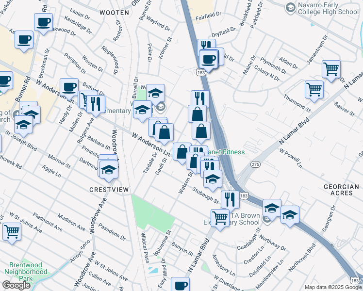 map of restaurants, bars, coffee shops, grocery stores, and more near 7927 Gault Street in Austin
