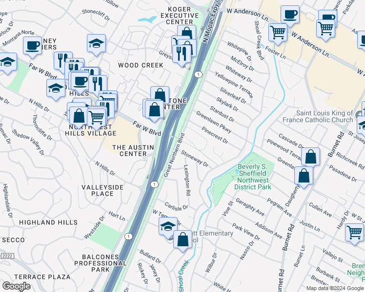 map of restaurants, bars, coffee shops, grocery stores, and more near 3104 Stoneway Drive in Austin