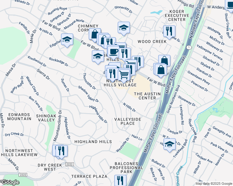 map of restaurants, bars, coffee shops, grocery stores, and more near 3537 North Hills Drive in Austin