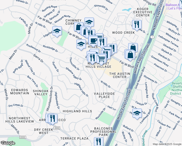 map of restaurants, bars, coffee shops, grocery stores, and more near 3537 North Hills Drive in Austin