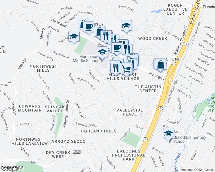 map of restaurants, bars, coffee shops, grocery stores, and more near 6800 Thorncliffe Drive in Austin