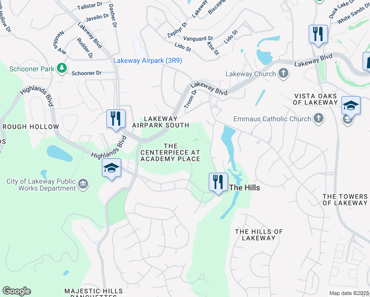 map of restaurants, bars, coffee shops, grocery stores, and more near 72 Tournament Way in Austin