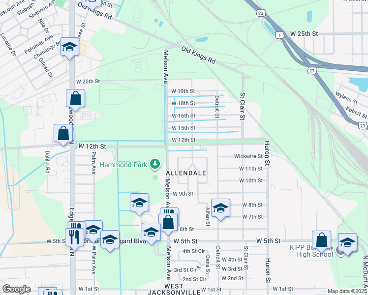 map of restaurants, bars, coffee shops, grocery stores, and more near 3124 West 12th Street in Jacksonville
