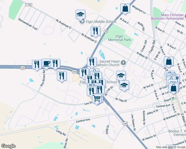 map of restaurants, bars, coffee shops, grocery stores, and more near 1213 U.S. 290 in Elgin