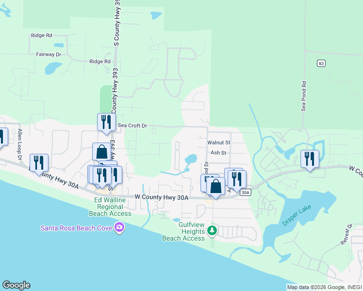 map of restaurants, bars, coffee shops, grocery stores, and more near 320 Hidden Lake Way in Santa Rosa Beach