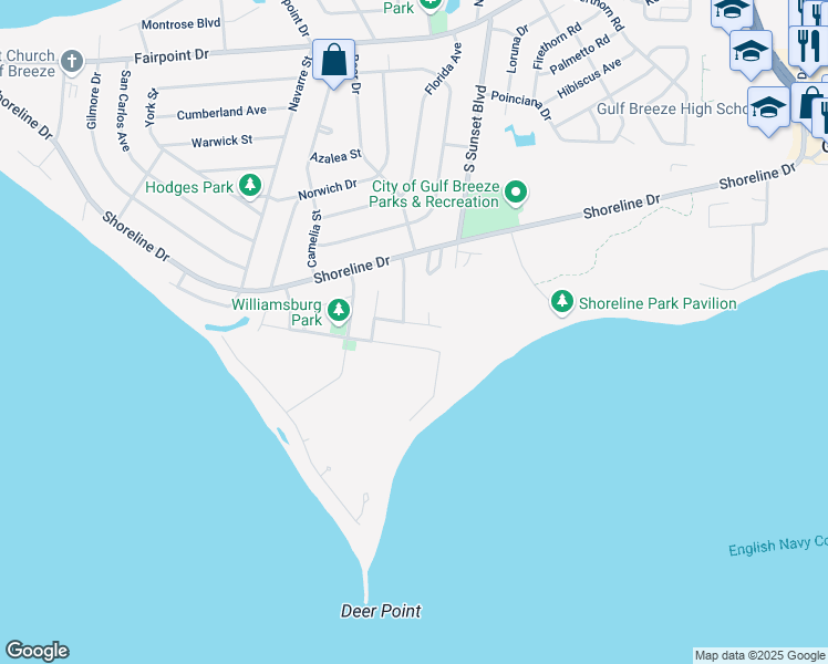 map of restaurants, bars, coffee shops, grocery stores, and more near 417 Shenandoah Drive in Gulf Breeze
