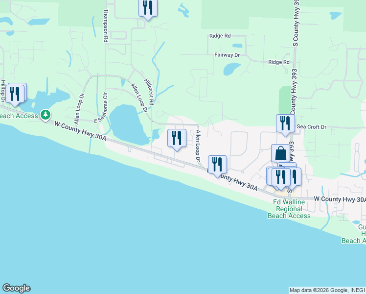 map of restaurants, bars, coffee shops, grocery stores, and more near 94 Pointe Circle in Santa Rosa Beach
