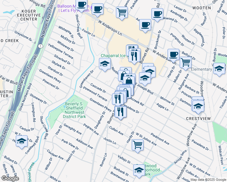 map of restaurants, bars, coffee shops, grocery stores, and more near 2501 Richcreek Road in Austin