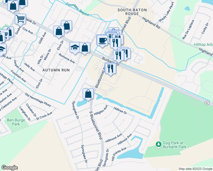 map of restaurants, bars, coffee shops, grocery stores, and more near 10231 Bluebonnet Boulevard in Baton Rouge