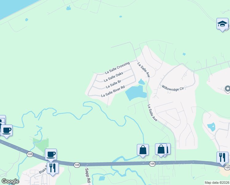 map of restaurants, bars, coffee shops, grocery stores, and more near 12091 La Salle River Road in Conroe