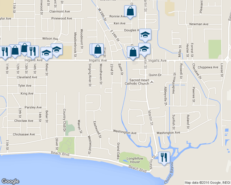 map of restaurants, bars, coffee shops, grocery stores, and more near 1312 22nd Street in Pascagoula