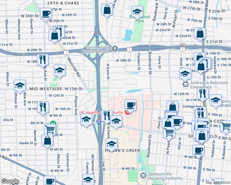 map of restaurants, bars, coffee shops, grocery stores, and more near 720 Venus Mars Court in Jacksonville