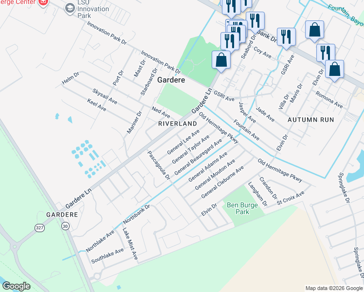 map of restaurants, bars, coffee shops, grocery stores, and more near 2111 General Lee Avenue in Baton Rouge