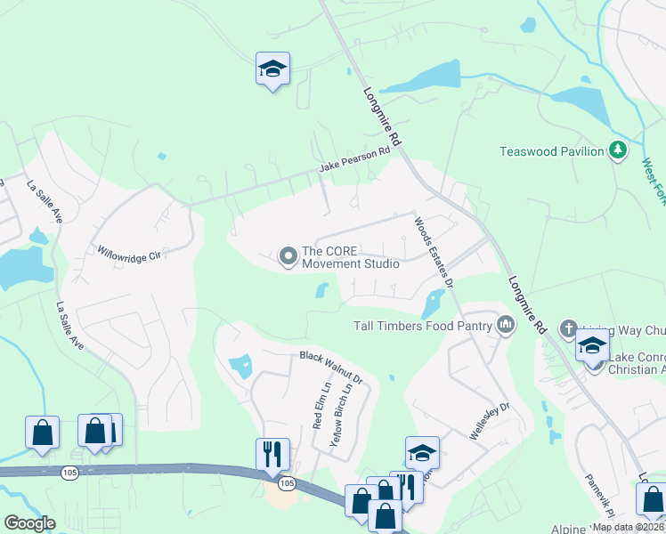 map of restaurants, bars, coffee shops, grocery stores, and more near 3543 Falcon Way in Conroe