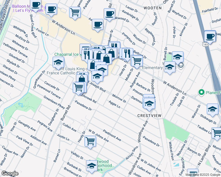map of restaurants, bars, coffee shops, grocery stores, and more near 7604 Hardy Drive in Austin
