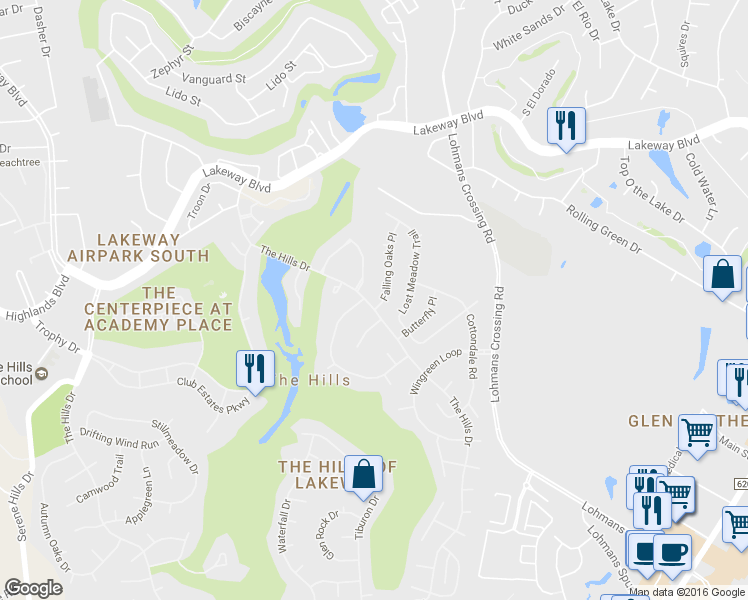 map of restaurants, bars, coffee shops, grocery stores, and more near 1 Falling Oaks Place in Austin