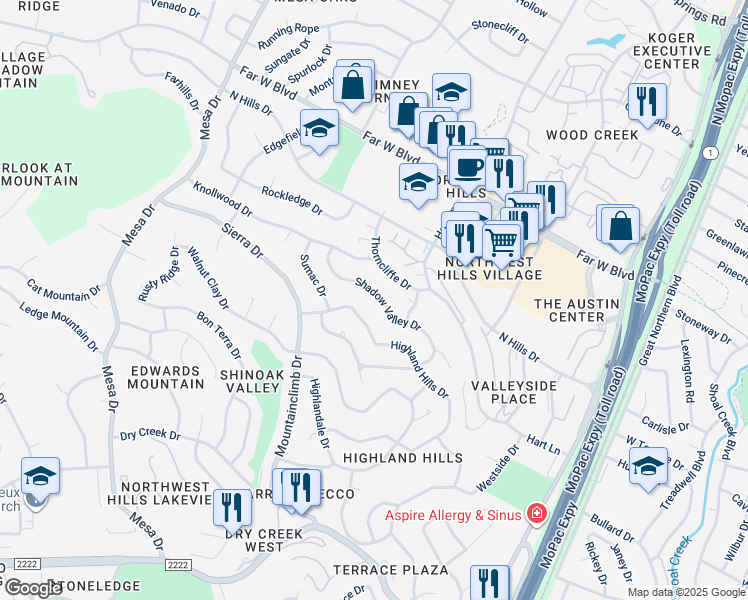 map of restaurants, bars, coffee shops, grocery stores, and more near 6306 Shadow Valley Drive in Austin