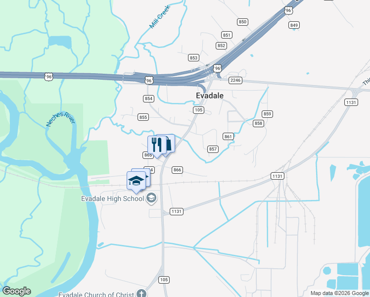 map of restaurants, bars, coffee shops, grocery stores, and more near 547 Farm to Market 105 in Evadale