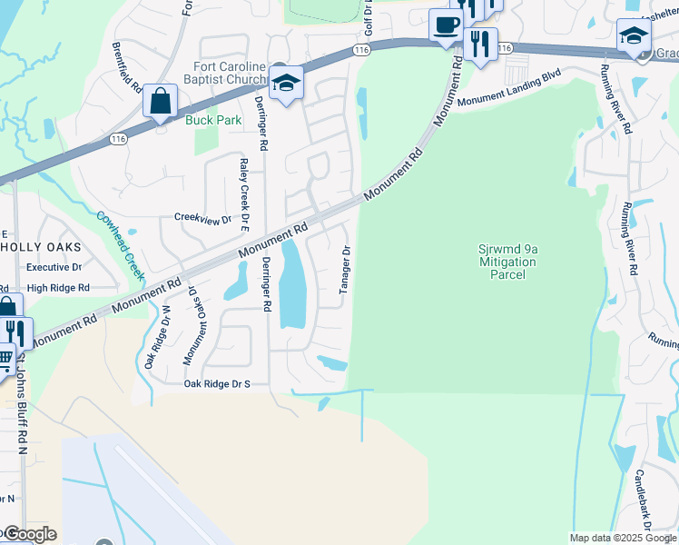 map of restaurants, bars, coffee shops, grocery stores, and more near 11664 Tanager Drive in Jacksonville
