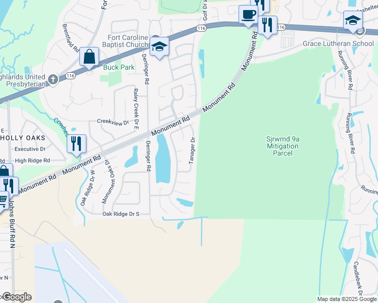 map of restaurants, bars, coffee shops, grocery stores, and more near 11664 Tanager Drive in Jacksonville