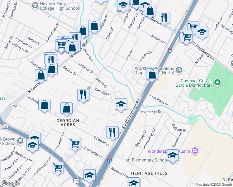 map of restaurants, bars, coffee shops, grocery stores, and more near 600 Barwood Park in Austin