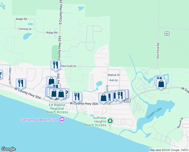 map of restaurants, bars, coffee shops, grocery stores, and more near 320 Hidden Lake Way in Santa Rosa Beach