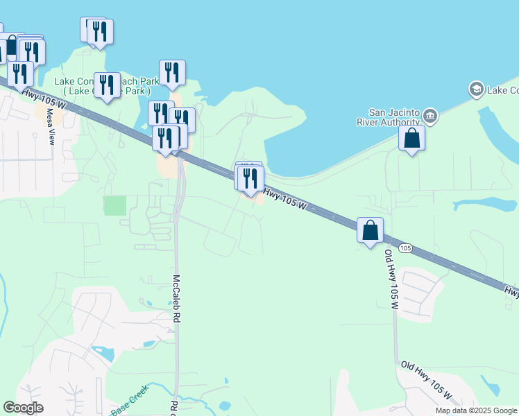 map of restaurants, bars, coffee shops, grocery stores, and more near 14508 Lake Business Drive in Conroe