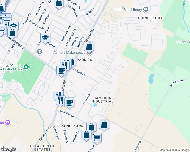 map of restaurants, bars, coffee shops, grocery stores, and more near 1706 Dungan Lane in Austin