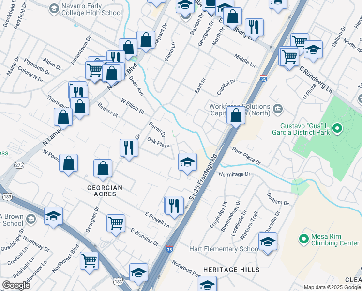 map of restaurants, bars, coffee shops, grocery stores, and more near 600 Barwood Park in Austin