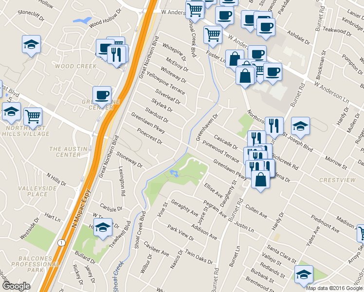 map of restaurants, bars, coffee shops, grocery stores, and more near 2851-2899 Greenlawn Parkway in Austin