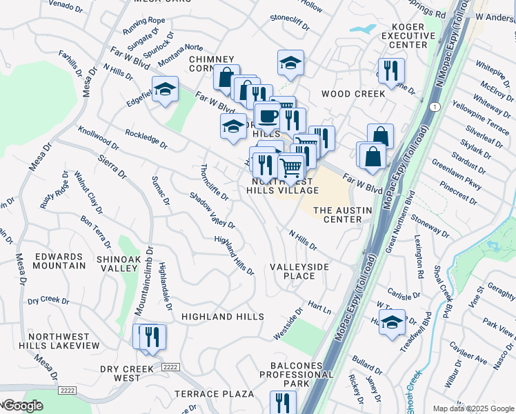 map of restaurants, bars, coffee shops, grocery stores, and more near 3537 North Hills Drive in Austin