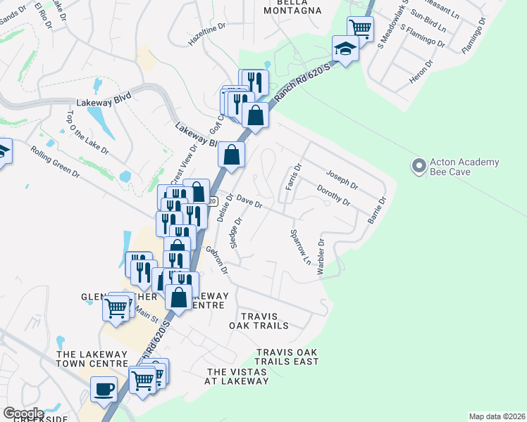map of restaurants, bars, coffee shops, grocery stores, and more near 11 White Magnolia Circle in Lakeway