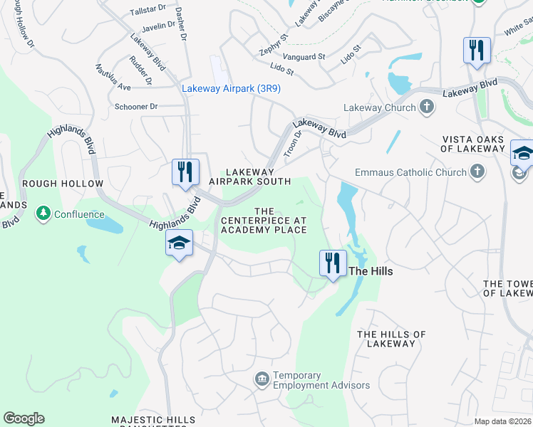 map of restaurants, bars, coffee shops, grocery stores, and more near 48 Tournament Way in The Hills