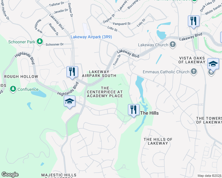 map of restaurants, bars, coffee shops, grocery stores, and more near 72 Tournament Way in Austin