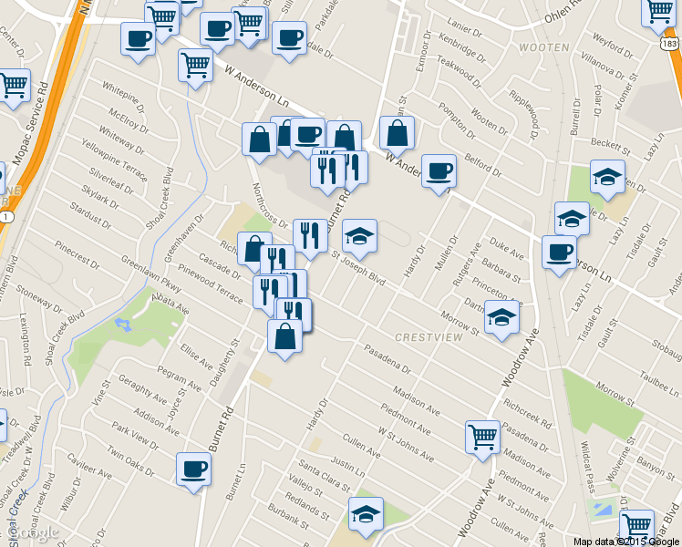 map of restaurants, bars, coffee shops, grocery stores, and more near 7513 St Cecelia St in Austin