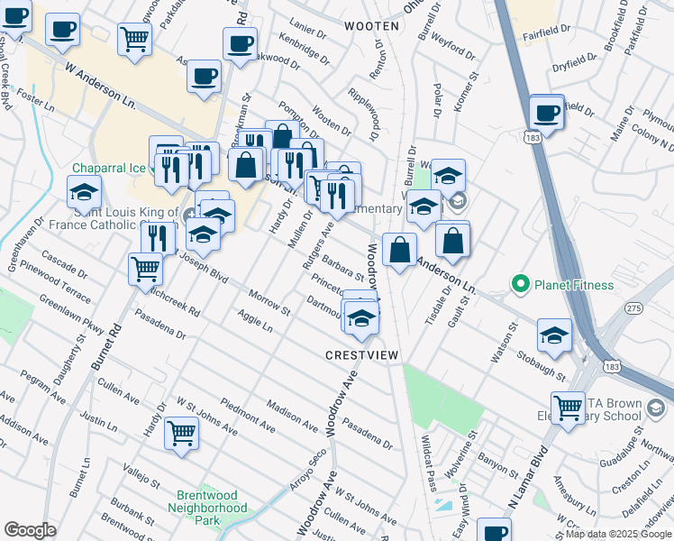 map of restaurants, bars, coffee shops, grocery stores, and more near 1711 Barbara Street in Austin