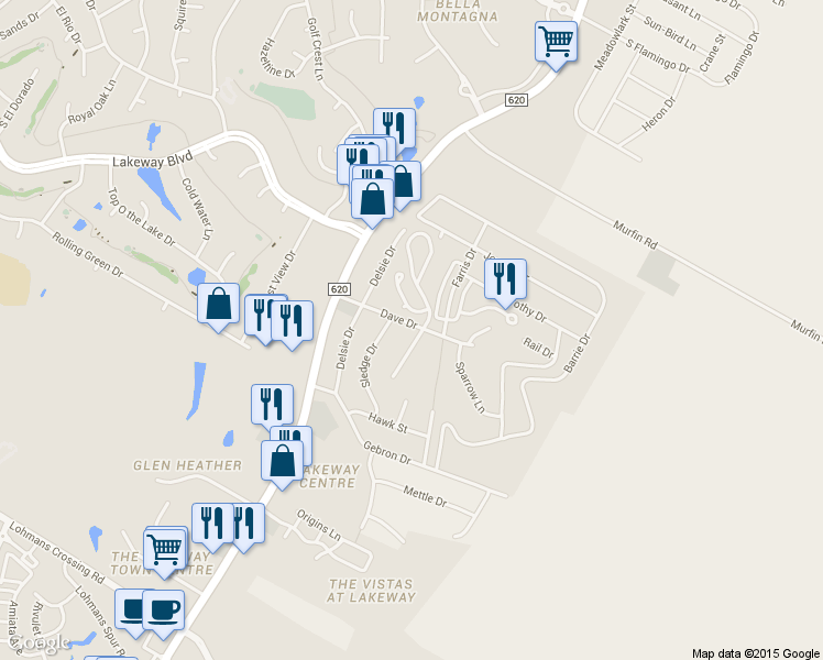 map of restaurants, bars, coffee shops, grocery stores, and more near 15225 Dave Drive in Austin