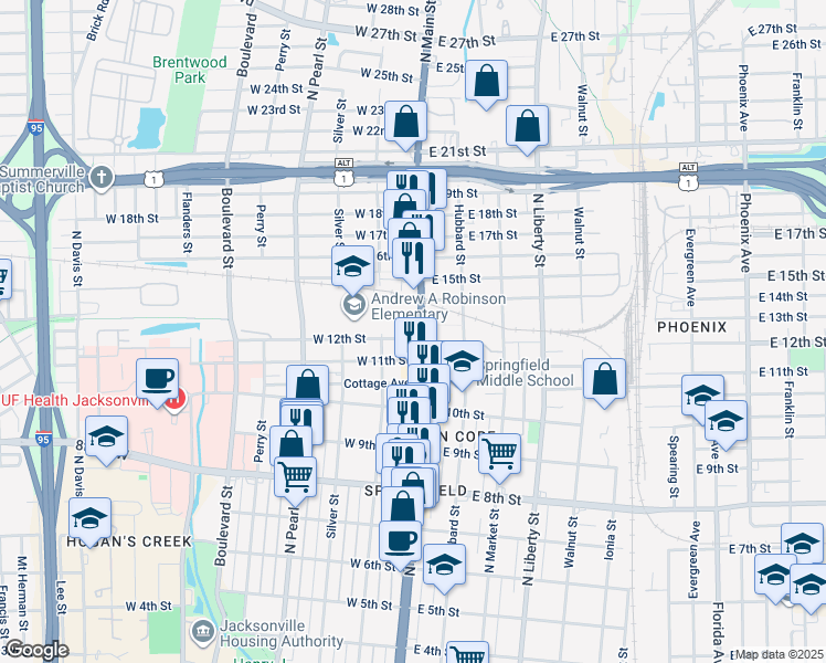 map of restaurants, bars, coffee shops, grocery stores, and more near 2202 U.S. 17 in Jacksonville