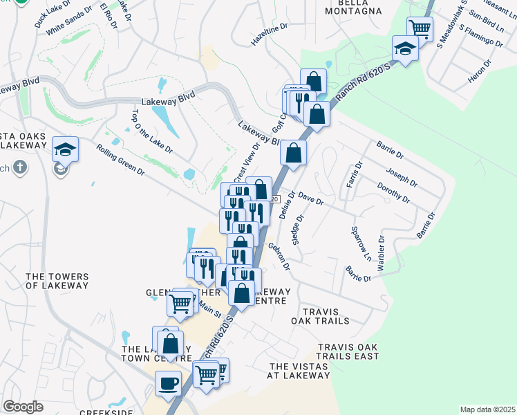 map of restaurants, bars, coffee shops, grocery stores, and more near 1204 Ranch Road 620 South in Lakeway
