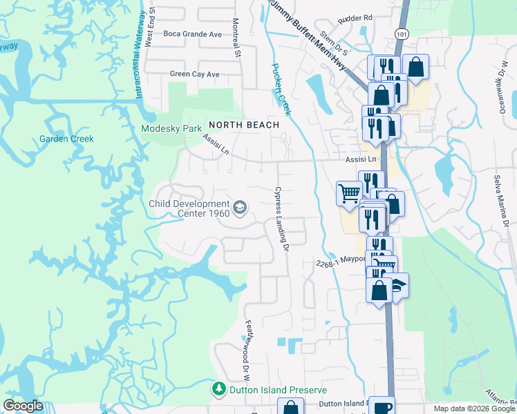 map of restaurants, bars, coffee shops, grocery stores, and more near 1084 Willow Cove Court West in Atlantic Beach